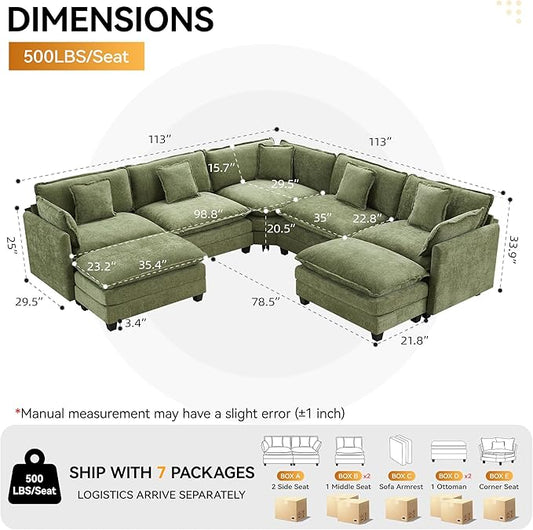 113'' V Shaped Cloud Sectional Sofa, Oversized Deep Seat Couches for Living Room, Chenille Comfy Upholstered Modular Sectional Sofa Couch with 2 Movable Ottoman, Green
