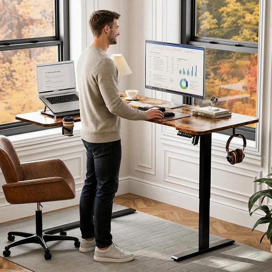 Acrolix L Shaped Electric Standing Desk - 59x40 Inch Reversible Corner Sit Stand Desk with Hook&Cup Holder,Electric Height Adjustable Table,for Home Office Gaming Computer Desk, Rustic Brown
