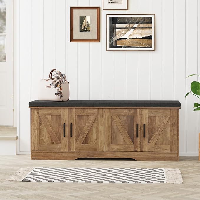 HOMSHO Farmhouse Shoe Storage Bench with 4 Barn Doors & Padded Seat Cushion | 47.2" Wide Entryway Bench with Adjustable Shelves & Hidden Storage, Rustic Walnut