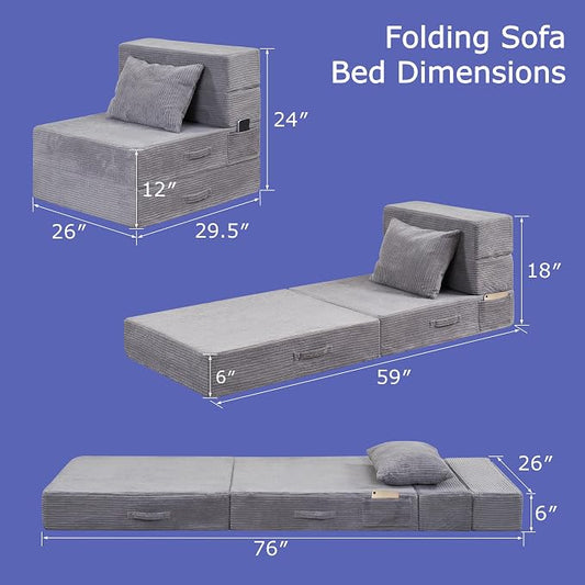 Folding Sofa Bed, 4 in 1 Convertible Sleeper Chair with Pillow, Single Memory Foam Fold Out Chair Bed, Modern Floor Futon Sofa Couch Mattress for Living Room/Guest/Apartment, Light Gray