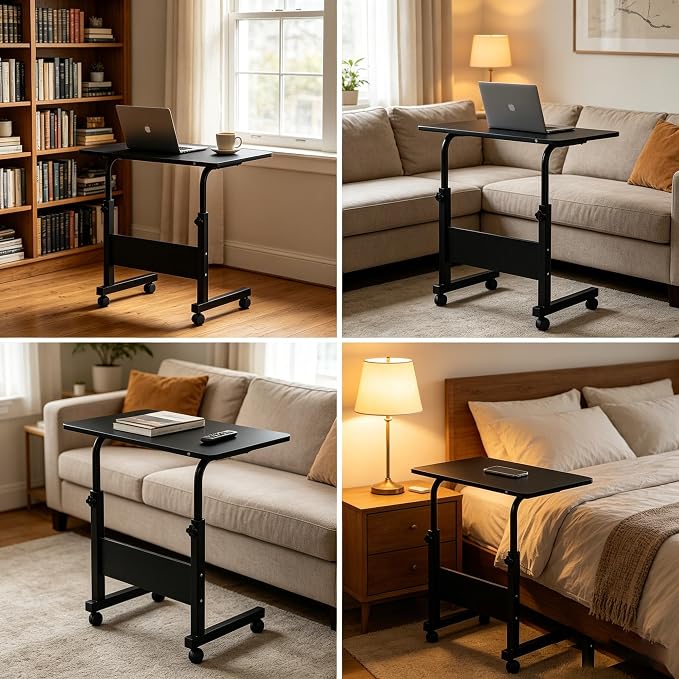 Standing Desk - Side Table Adjustable Height, Portable Laptop Cart, C-Shaped Bed Couch end Tables with Edge Stopper - Wheels for Living Room Bedroom Walking Pad Treadmill 23.6Inch Black