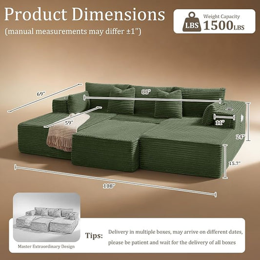 108" Cloud Sectional Couch, Comfort Sleep Sofa for Living Room, Extra Deep Seats No Assembly, Minimalist Modular Couch, Corduroy (Olive Green, Widen Loveseat Chaise)