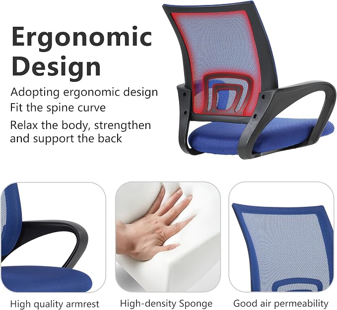 BestOffice | Ergonomic Office Chair | Mid-Back Swivel Desk Chair | Breathable Backrest & Lumbar Support | Adjustable Height | Sponge Seat | Rolling Wheels | Dark Blue | for Adults & Women