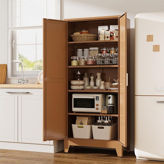 71”H Metal Kitchen Pantry Cabinet, Pantry Cabinets with 2 Doors and 4 Shelves, Kitchen Cabinet for Kitchen, Dining Room, Living Room and Bathroom, Brown