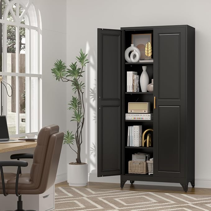 UNICOLY 75" Kitchen Pantry Cabinet, Tall Storage Cabinet with Doors and 4 Shelves, Metal Storage Cabinets for Kitchens, Living Room, Dinning Room, Assembly Required, Black