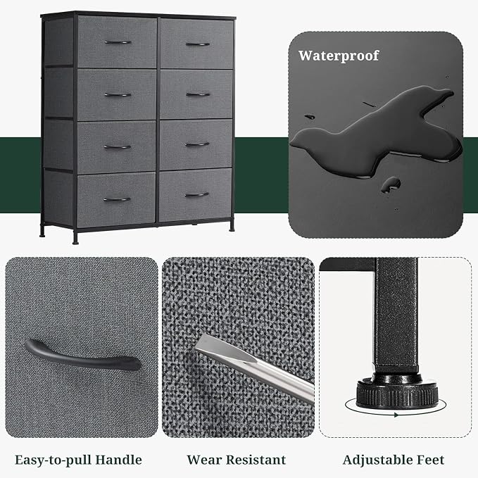 8-Drawer Dresser for Bedroom, Anti-Tip Tall Storage Organizer Chest of Drawers with Wooden Top and Metal Frame Fabric Bins for Closet, Living Room, Hallway, Entryway, Gray