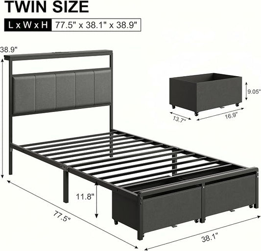 Twin Bed Frame with 2 Storage Drawers, Grey Upholstered | Headboard with Charging Station and LED Lights, Metal Platform Bed with Storage Shelf, Noise Free, No Box Spring Needed