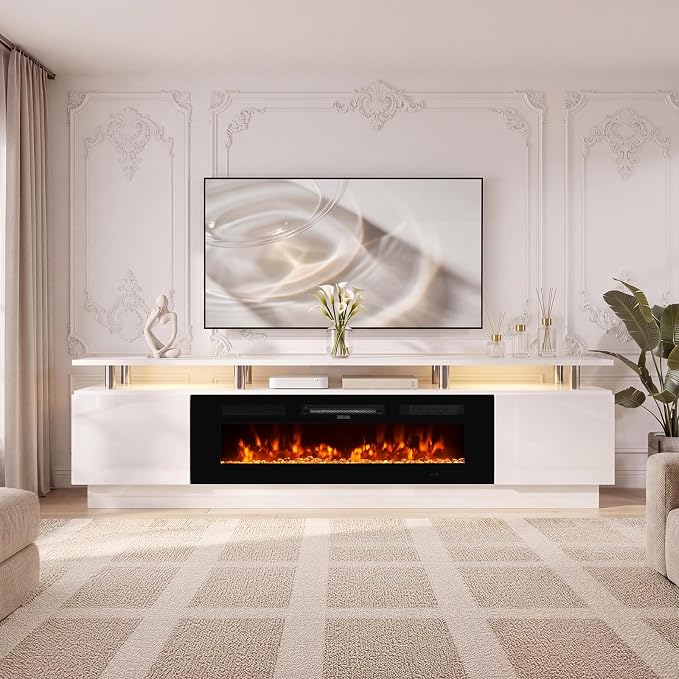 90" TV Stand for Living Room, Large Entertainment Center & Media Console, Fits TVs up to 100", Storage Cabinet with Shelves, 50" Electric Fireplace, White & Black