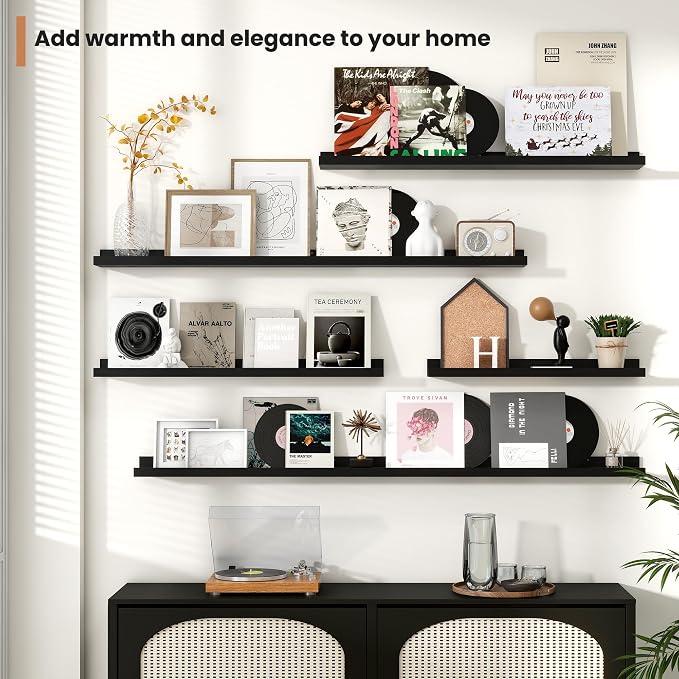 Fun Memories Picture Ledge Shelves Set of 4, 32 Inch Rustic Wall Mounted Floating Shelves with Lip for Home Storage and Décor in Bathroom, Kitchen, Nursery, Bedroom, Living Room, Black