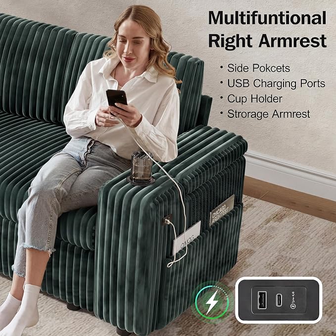 Vipbear 86" Modular Sectional Sleeper Sofa with Pull Out Bed, 5 Seat Plush Corduroy L Shaped Couch with Storage Seat|USB Ports|Cup Holders|Side Table|Storage Armrests, Tool Free Assembly, Green