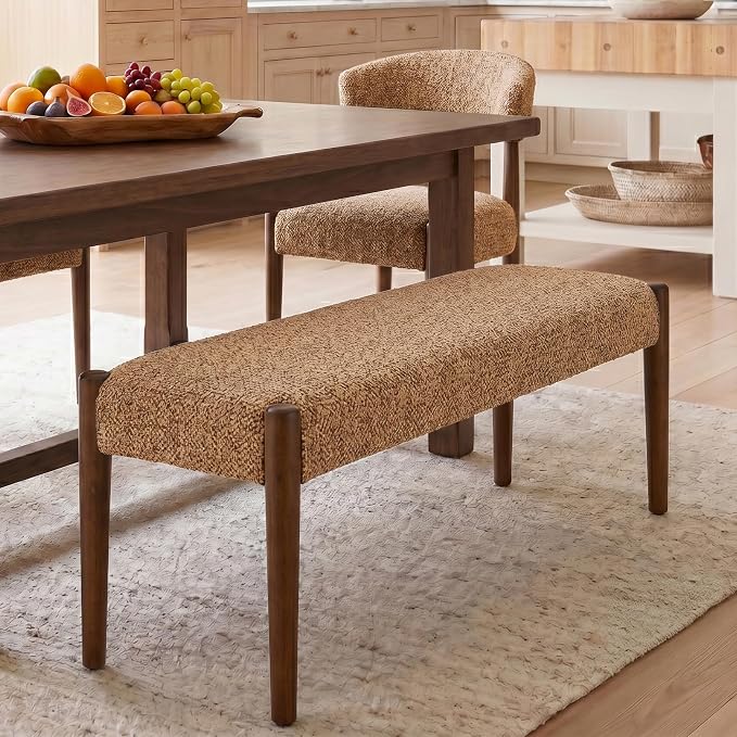 Usaint 42" End of Bed Bench, Modern Upholstered Bedroom Bench with Rubberwood Legs, Entryway Bench with Cushion, Dining Bench for Living Room, Bedroom, Orange with Walnut Leg