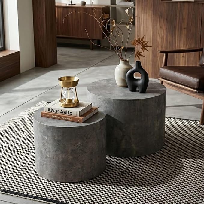 Nesting Round Coffee Table Set of 2, Accent End Table for Small Spaces, Morden Drum Side Table, Wooden Circle Center Table for Living Room, Fully Assembled - Gray