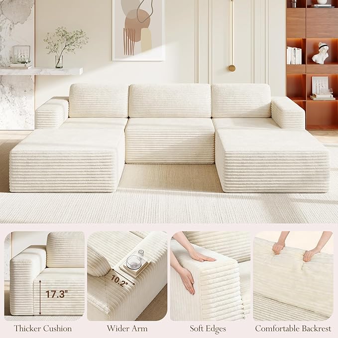Vesgantti 119" Oversized U-Shaped Modular Sectional Sofa, Corduroy Cloud Couch with Deep Seating & Spring Support, Convertible Sofa with 2 Ottomans, Boneless Couch, No Assembly Required, Beige