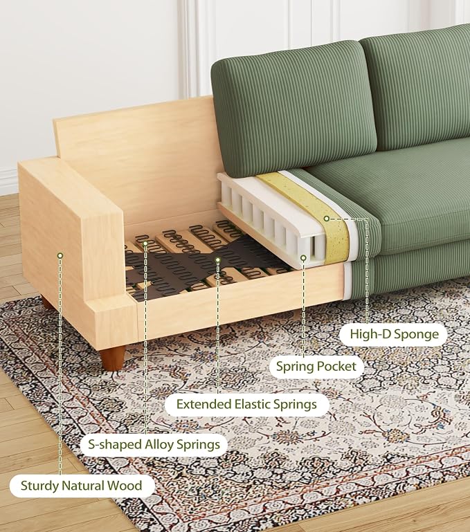 87in Corduroy Couch, Kidirect Sofa No Tool Assembly, Comfy Couches for Living Room 21in Deeper Seats, Corduroy Sofas for Living Room with 2 Pillows, Oversized Loveseat Sofa, Boho Love Seat Green Couch