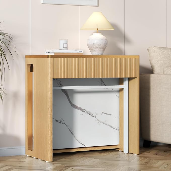 Extendable Dining Table, Transformer Folding Console Table for 2-8 People, 17"-112" Space Saving Dining Room Table, Wood White Faux Marble Dining Table, Kitchen and Dining Room Furniture (No Chairs)