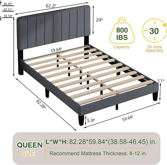 Queen Size Bed Frame with Headboard, Platform Bed with Soft Linen Upholstered Headboard | Wooden Slats Support | Adjustable Height | No Box Spring Needed, Queen Bed Frame Grey