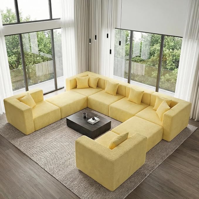 MONVANE Modular Sectional Sofa, Oversized 8 Seat Convertible U Shaped Couch with Ottoman, Comfy Teddy Velvet Cloud Couch with Deep Seat, Sectional Couches for Living Room, No Assembly Required, Yellow