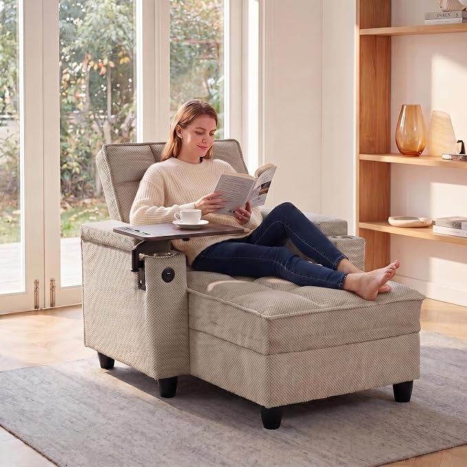 Convertible Sleeper Chair, Pull Out Sofa Bed with Adjustable Backrest & Hidden Storage Armrest, Single Sofa Recliner with USB Charging Port & Cup Holders for Living Room, Bedroom, Khaki