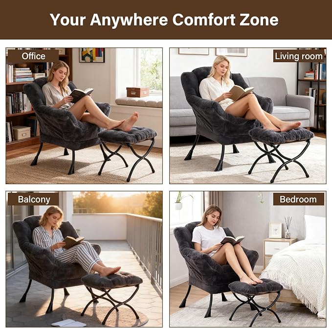 Welnow Lazy Chair with Ottoman, Modern Accent Chair with Armrests and a Side Pocket, Leisure Sofa Armchair, Reading Armchair with Footrest for Small Space, Plush Navy