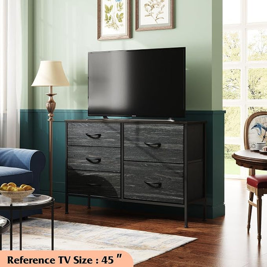 WLIVE Dresser for Bedroom with 5 Drawers, Wide Dressers with Drawer Organizers, Chest of Drawers, Fabric Dresser for Living Room, Closet, Hallway, Charcoal Black Wood Grain Print