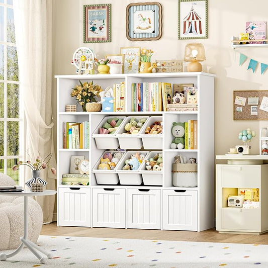 FINETONES Toy Storage Organizer with 6 Toy Bins, Large Toy Organizers and Storage with 4 Movable Drawers and 6 Storage Cubbies, Kids Toy Storage and Toy Chest for Playroom and Kids Room, White