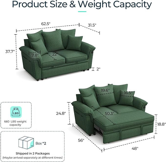 LINSY HOME Sectional Loveseat Sofa with Pull Out Chaise (Green, 62.5'') | USB Charging