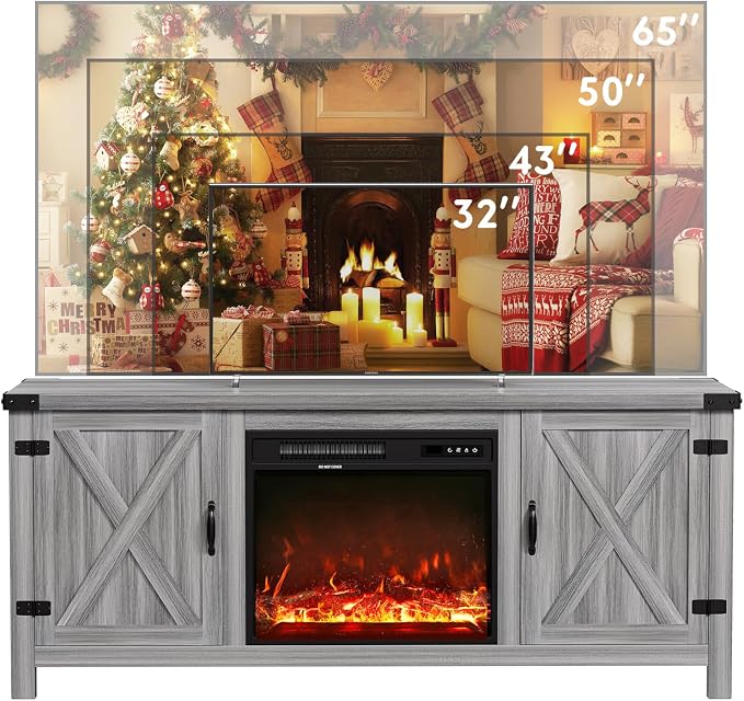 YESHOMY Fireplace TV Stand with Two Barn Doors and Storage Cabinets for Televisions up to 65+ Inch, Entertainment Center Console Table, Media Furniture for Living Room, 58 Inch, Gray