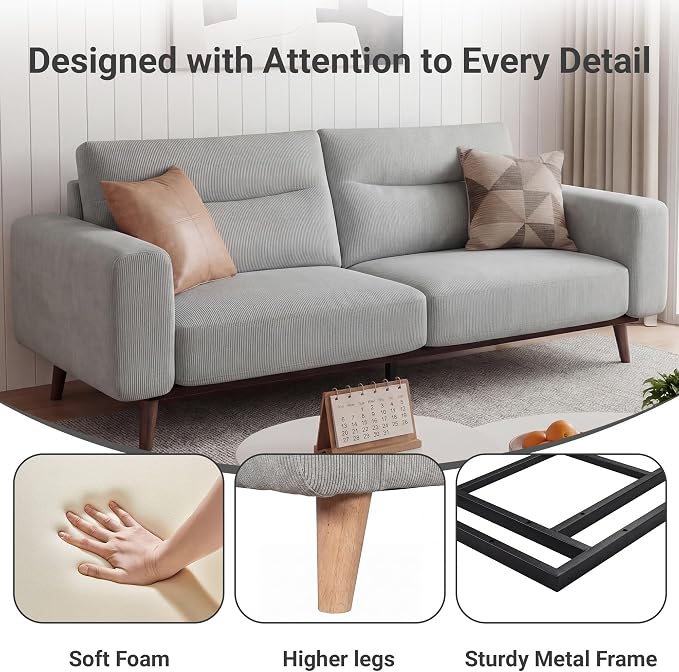 Claiks 81" Oversized Loveseat Sofa, Mid Century Modern Couch for Living Room, Bedroom & Apartment, Corduroy Upholstered 2-3 Seater Sofa with Sturdy Metal Frame, Easy Assembly, Light Grey