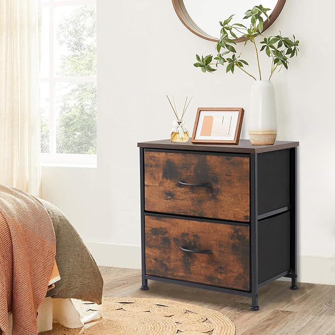 DUMOS Nightstand Set of 2, Small Dresser with 2 Fabric Drawers, End Table | Bedroom Kids Bedside Storage Furniture for 25 inch Tall Night Stand, Dorm, Rustic Brown