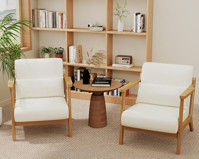 Modern Accent Chair and Ottoman Set, Mid-Century Faux Leather Upholstered Lounge Armchair with Solid Wood Frame & Comfortable Cushion for Living Room, Bedroom, Balcony, Beige