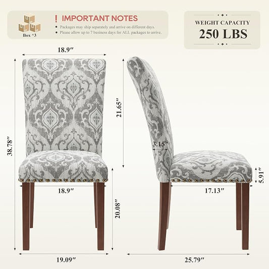 COLAMY Upholstered Parsons Dining Chairs Set of 6, Fabric Dining Room Kitchen Side Chair with Nailhead Trim and Wood Legs - Grey/White Flower