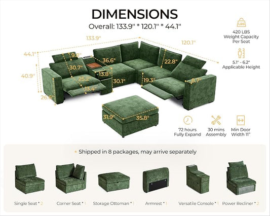 Oversized Modular Power Recliner Sofa Wall Hugger, Cloud Reclining Couch with Headrest, Storage Ottoman, Drawer Charging Cup Holder, Deep L-Shaped 6 Seater with Dual Electric Recliner, Chenille, Green