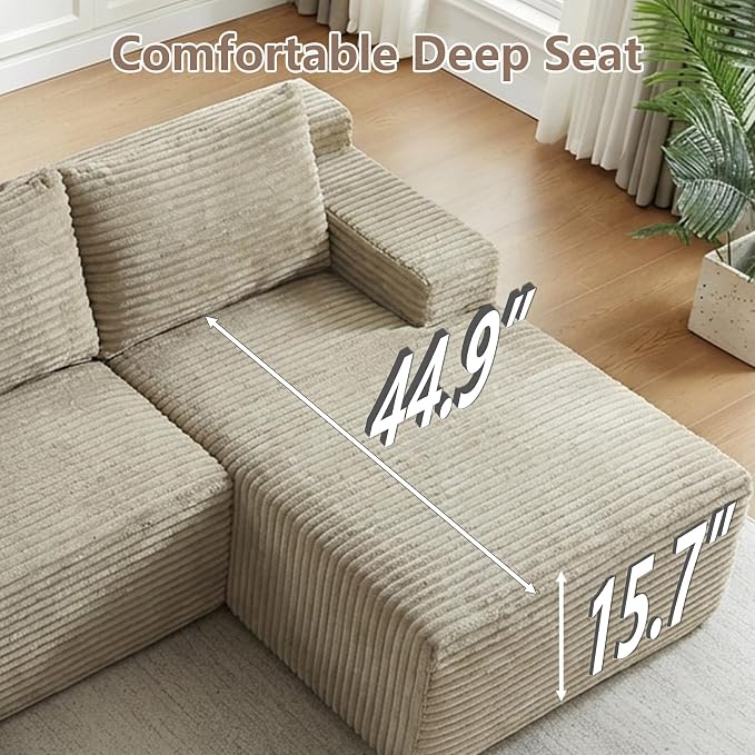96" Cloud Sectional Couch U-Shaped Chaise with Ottoman, Corduroy Boneless Couch for Living Room Bedroom, Deep-Seat Upholstered Modular Cloud Sofa, No Assembly Required (Camel, Right Facing Chaise)