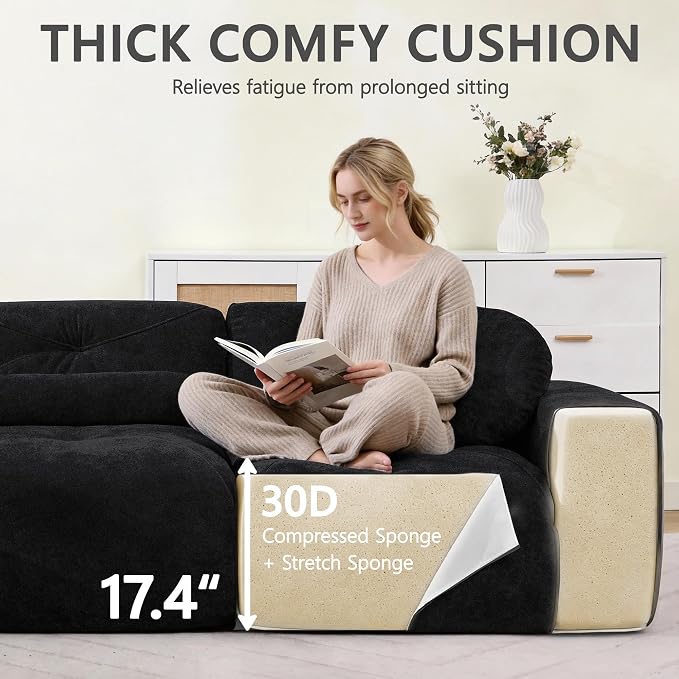 82" Modular Sectional Cloud Couch, L Shaped Sofa Boneless Couches with Movable Ottoman, 2 Deep Seat Modern Comfy Velvet Sofa for Living Room, Bedroom, Apartment (Black)