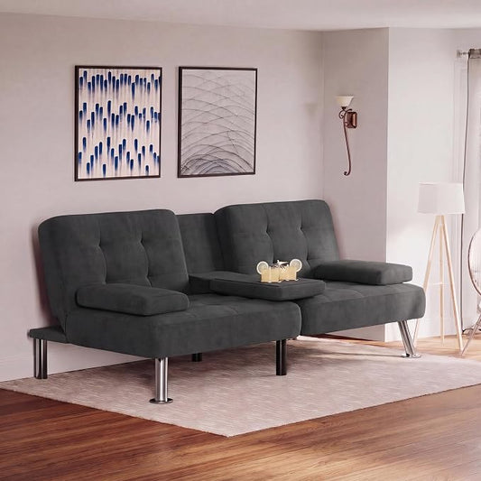 Flamaker Futon Sofa Bed Modern Folding Futon Set Linen Fabric Convertible Recliner Lounge for Living Room with 2 Cup Holders, Removable Armrests (Fabric, Carbon Black)