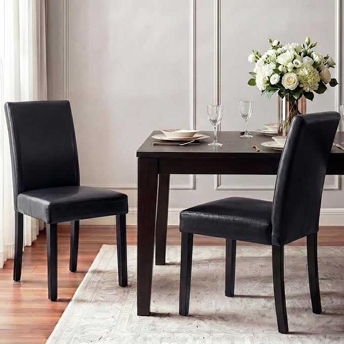 LSSBOUGHT Modern Dining Chair Urban Style Linen Kicthen Chairs with Solid Wood Legs for Dining Room and Restaurant (Black, Set of 6)