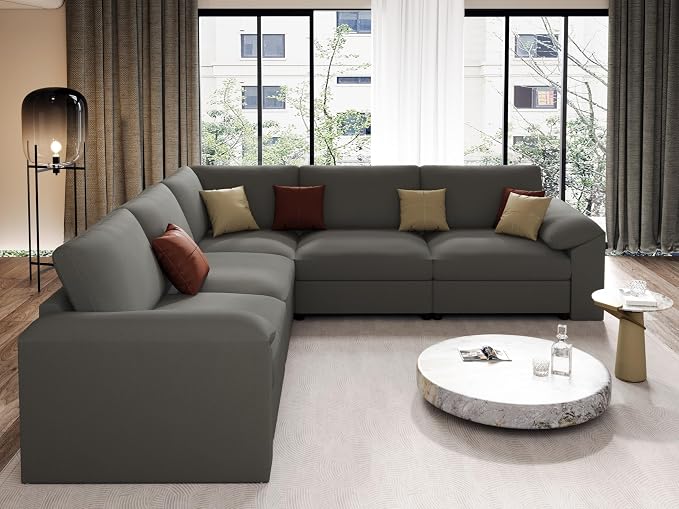 EASE MOOSE Oversized Corner Modular Sectional Sofa, Faux Leather Sectional Sofa with Deep Seat, Scratch Resistant Faux Leather Material, Extra Large L Shaped Couch for Living Room, Grey