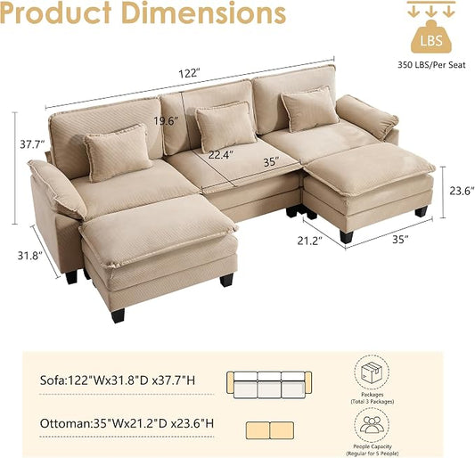 122" Corduroy Modular Sectional Sofa, Convertible U Shaped Modular Sofa Comfy Cloud Couch with Ottoman, Side Pockets and 3 Throw Pillows for Living Room, Kahki, 5 Seats