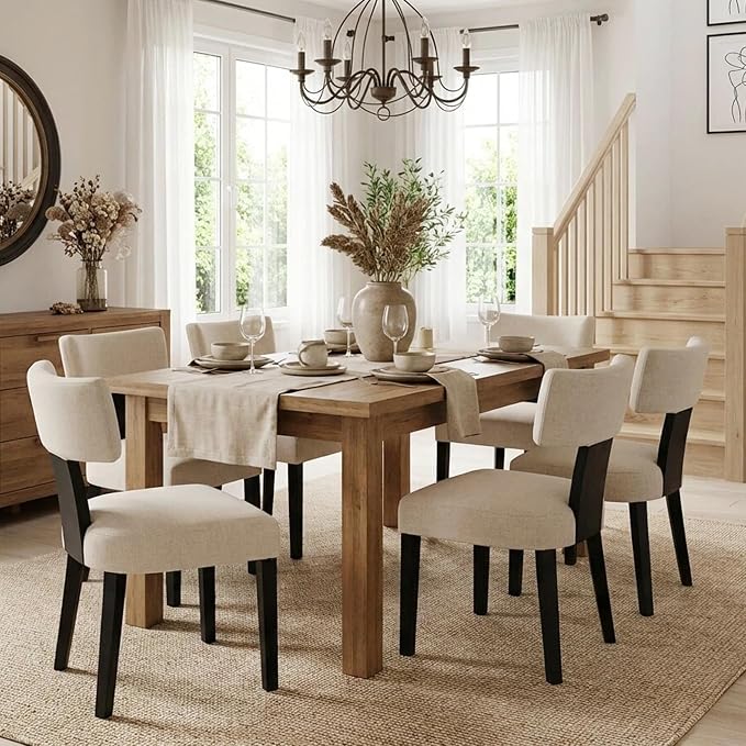 HNY Mid Century Modern Farmhouse Dining Chairs Set of 6, Linen Upholstered Accent Curved Backrest Kitchen Chairs, with Black Hardwood Frame, Beige