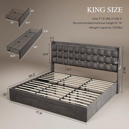 DWVO King Size Bed Frame with 3 Storage Drawers and RGB LED Lights, Velvet Upholstered Bed with Charging Station and Storage Headboard, No Box Spring Needed, Easy Assembly, Noise-Free, Grey