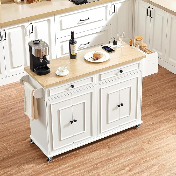 ONBRILL 58" Mobile Kitchen Island, Kitchen Island Cart with Power Outlet, Island Table for Kitchen, Home Bar Carts with Storage, Kitchen Rolling Island with Spice Rack & Towel Rack & Knife Holder