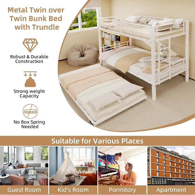 Bunk Bed with Trundle, Metal Twin Bunk Beds with Guardrail and Ladder for Kids/Teenagers/Adults, Space-Saving Bunk Bed Can be Split Into 3 Beds, No Box Spring Needed(White, with Trundle)