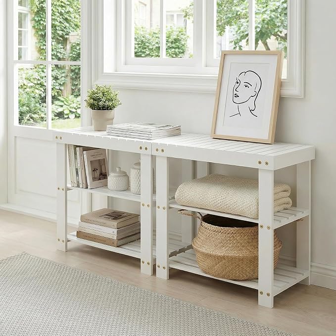 GAOMON Sturdy 3-Tier Bamboo Shoe Rack Bench – Modern Entryway Organizer with Seat & Storage Shelf, Holds up to 130kg, Perfect for Closet, Bedroom, Living Room, 28.7 x 50 x 45.3 cm – White