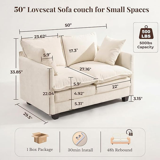 Loveseat Sofa with Cloud 3-Layer Cushion & 27" Deep Seat, Modern Small Couch with 2 Washable Pillows for Small Spaces, Bedroom, Apartment, Office, Living Room, in a Box, 50-Inch Beige