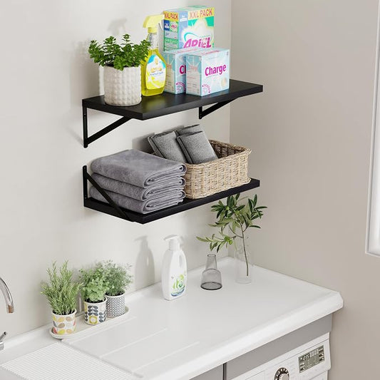 Axeman Deep Floating Shelves Black- 24 Inch Wide x 12 Inch Deep Wall Shelves Set of 2 - Black Wood Wall Shelves for Living Room Bedroom Laundry Room