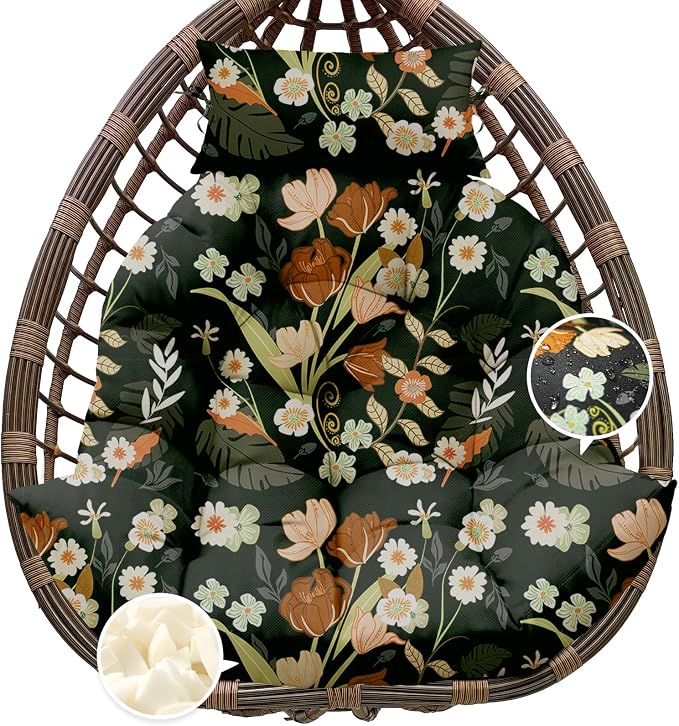 Outdoor Hanging Egg Chair Cushion Replacement, Extra Large Waterproof Egg Swing Cushions with Headrest Pillow and Ties, U-Shaped Thickened Cushion for Hanging Eggs Chair (Green Floral)