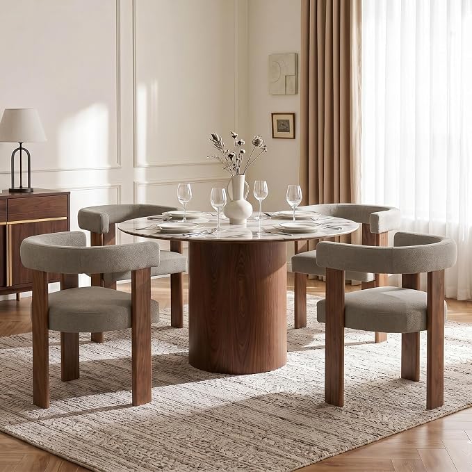 Usaint Wooden Barrel Dining Chairs Set of 6, Mid-Century Modern Upholstered Dining Room Chairs with Walnut Wood Legs and Loop Back, Comfy Accent Arm Chair for Dining Room, Kitchen, Living Room, Brown