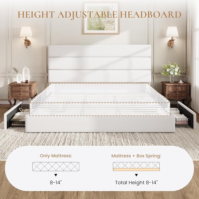 SHA CERLIN King Size Platform Bed Frame with 4 Storage Drawers, Velvet Upholstered Headboard, Mattress Foundation with Wooden Slats Support, No Box Spring Needed, Easy Assembly, White