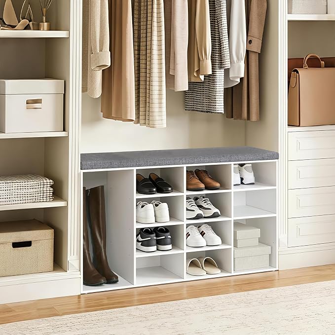 DINZI LVJ Shoe Storage Bench with Cushion, 16-Cubby Shoe Rack, Adjustable Shelves, Multifunctional Shoe Organizer Bench for Entryway, Mudroom, Hallway, Living Room, Bedroom and Garage, White