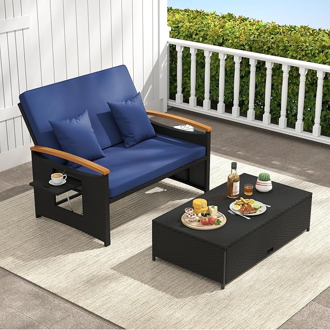 Moccha Outdoor Wicker Daybed, Patio Rattan Loveseat Sofa w/ 4-Level Adjustable Backrest, Folding Panels, Storage Ottoman & Cushions, Lounge Furniture Set for Poolside Backyard Porch (Navy & Black)